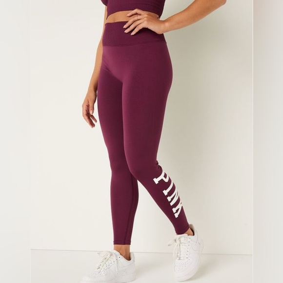 ❌SOLD❌VICTORIA’S SECRET VS PINK SEAMLESS HIGH WAIST ACTIVE LEGGINGS MAROON LOGO - Picture 2 of 4